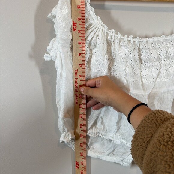 Free People White Eyelet Crop Top Small Ruffled Feminine Button Front Tie Light - Picture 6 of 7